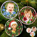 Art Design,Christmas,Cozy,Pet Lovers,Photo - Stained Glass - Custom Photo Stained Glass Dog Cat Family Blue Flower - Personalized Circle Glass Ornament