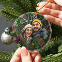 Art Design,Christmas,Cozy,Pet Lovers,Photo - Stained Glass - Custom Photo Stained Glass Dog Cat Family Blue Flower - Personalized Circle Glass Ornament
