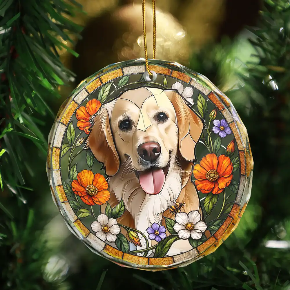 Art Design,Christmas,Cozy,Pet Lovers,Photo - Stained Glass - Custom Photo Stained Glass Dog Cat Family Blue Flower - Personalized Circle Glass Ornament