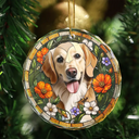 Art Design,Christmas,Cozy,Pet Lovers,Photo - Stained Glass - Custom Photo Stained Glass Dog Cat Family Blue Flower - Personalized Circle Glass Ornament