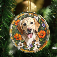Art Design,Christmas,Cozy,Pet Lovers,Photo - Stained Glass - Custom Photo Stained Glass Dog Cat Family Blue Flower - Personalized Circle Glass Ornament