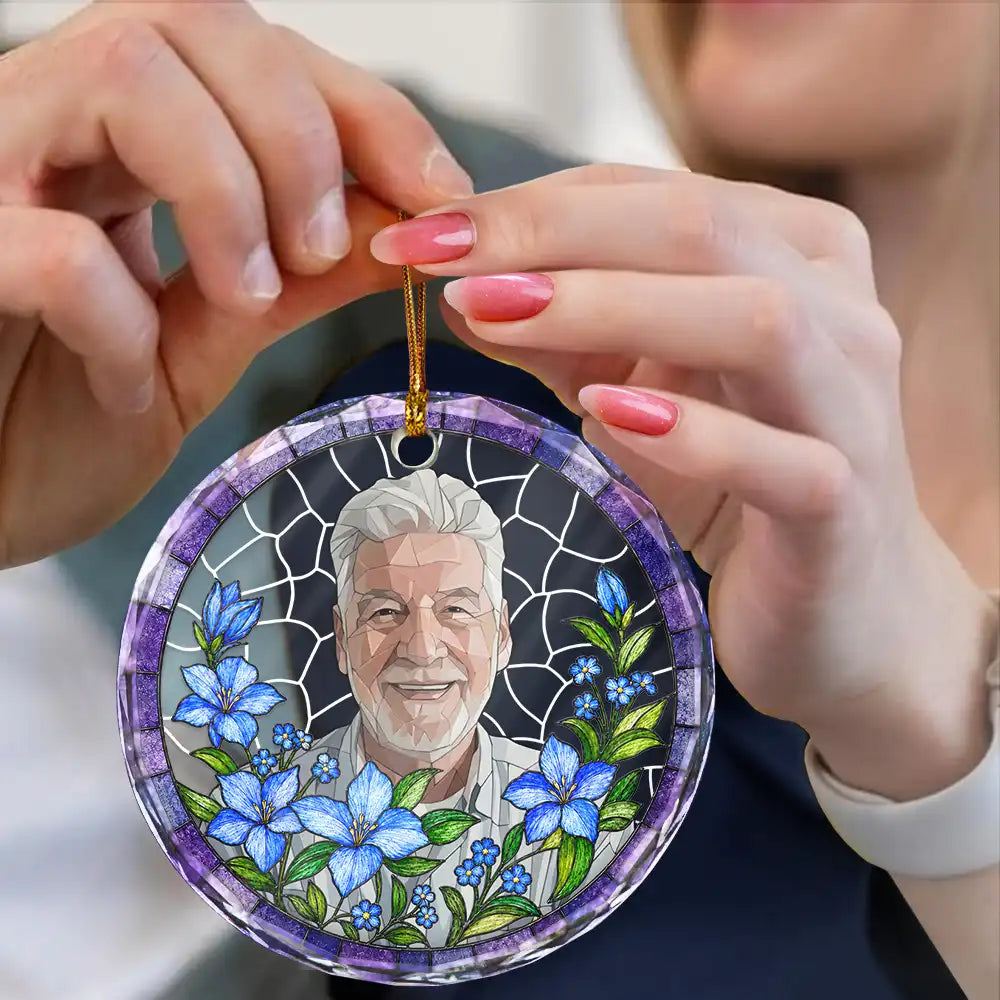 Art Design,Christmas,Cozy,Pet Lovers,Photo - Stained Glass - Custom Photo Stained Glass Dog Cat Family Blue Flower - Personalized Circle Glass Ornament