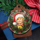Art Design,Christmas,Cozy,Pet Lovers,Photo - Stained Glass - Custom Photo Stained Glass Dog Cat Family Blue Flower - Personalized Circle Glass Ornament