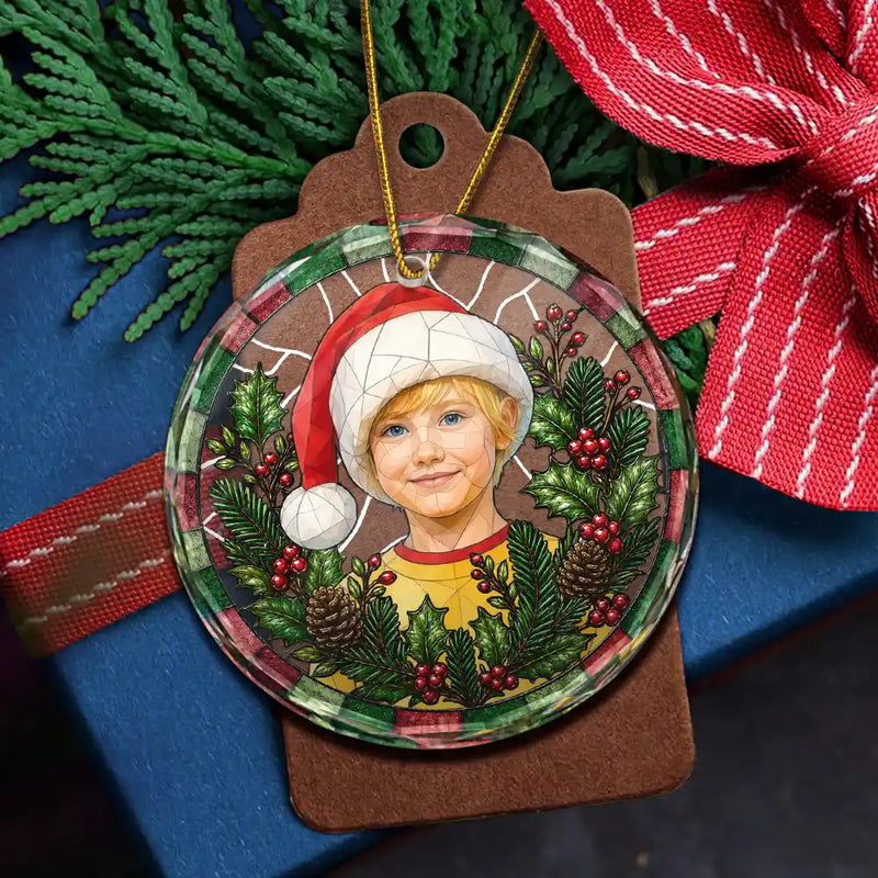 Art Design,Christmas,Cozy,Pet Lovers,Photo - Stained Glass - Custom Photo Stained Glass Dog Cat Family Blue Flower - Personalized Circle Glass Ornament