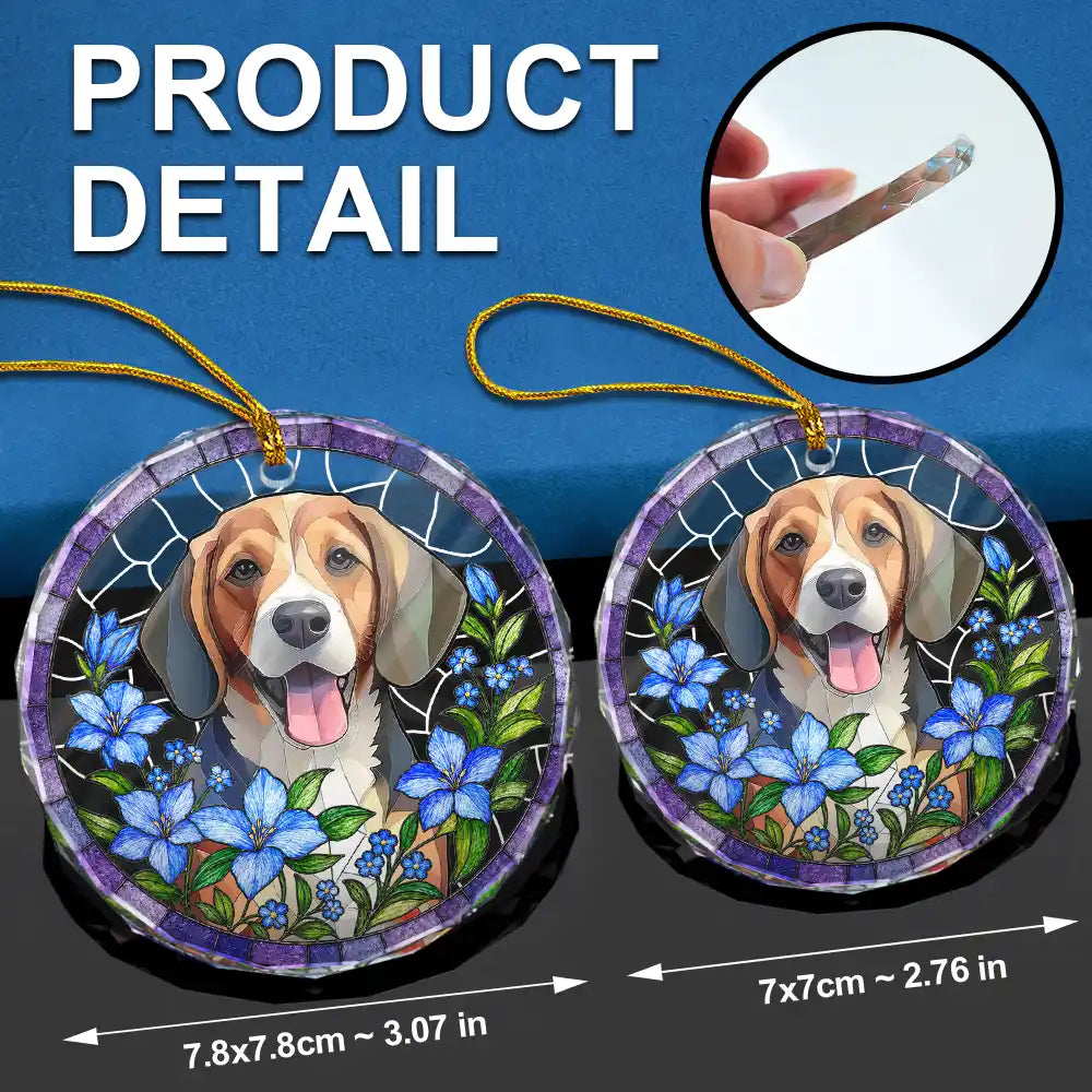 Art Design,Christmas,Cozy,Pet Lovers,Photo - Stained Glass - Custom Photo Stained Glass Dog Cat Family Blue Flower - Personalized Circle Glass Ornament