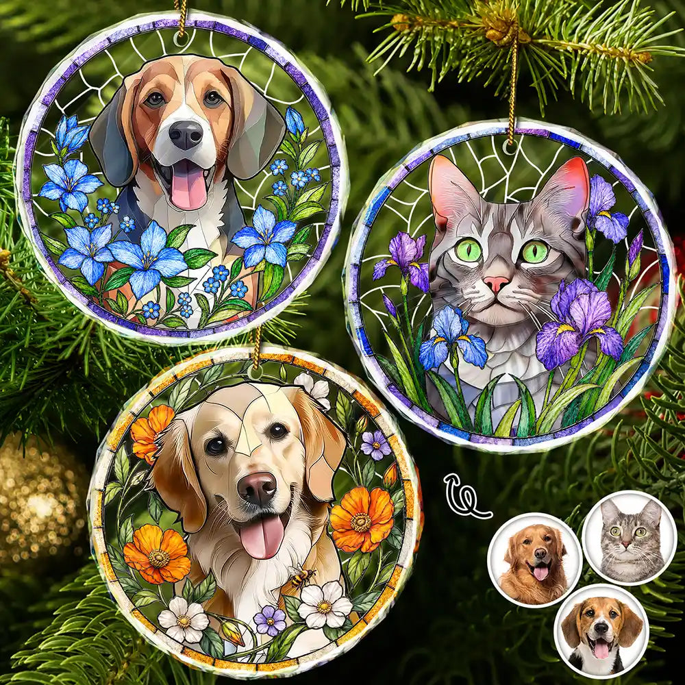 Art Design,Christmas,Cozy,Pet Lovers,Photo - Stained Glass - Custom Photo Stained Glass Dog Cat Family Blue Flower - Personalized Circle Glass Ornament