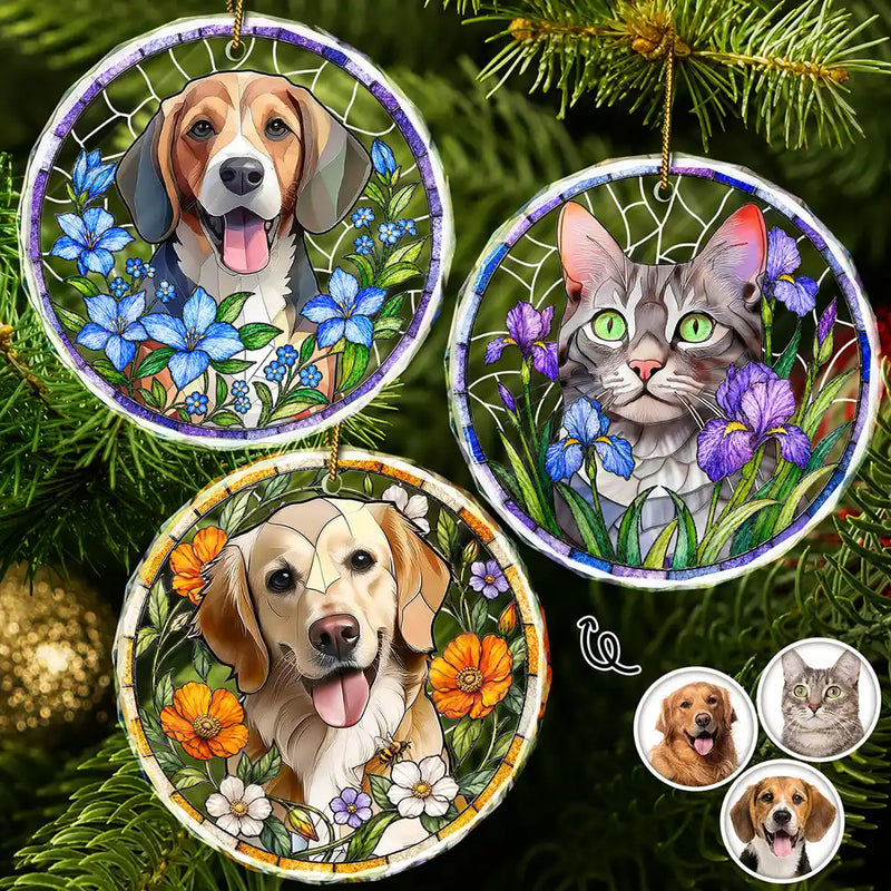 Art Design,Christmas,Cozy,Pet Lovers,Photo - Stained Glass - Custom Photo Stained Glass Dog Cat Family Blue Flower - Personalized Circle Glass Ornament