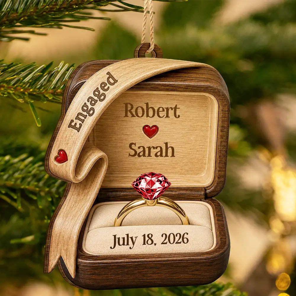 Christmas,Romantic,Gift For Couples,Icon - She Said Yes Engaged Married Wooden Effect Ring Box - Personalized Custom Shaped Wooden Ornament