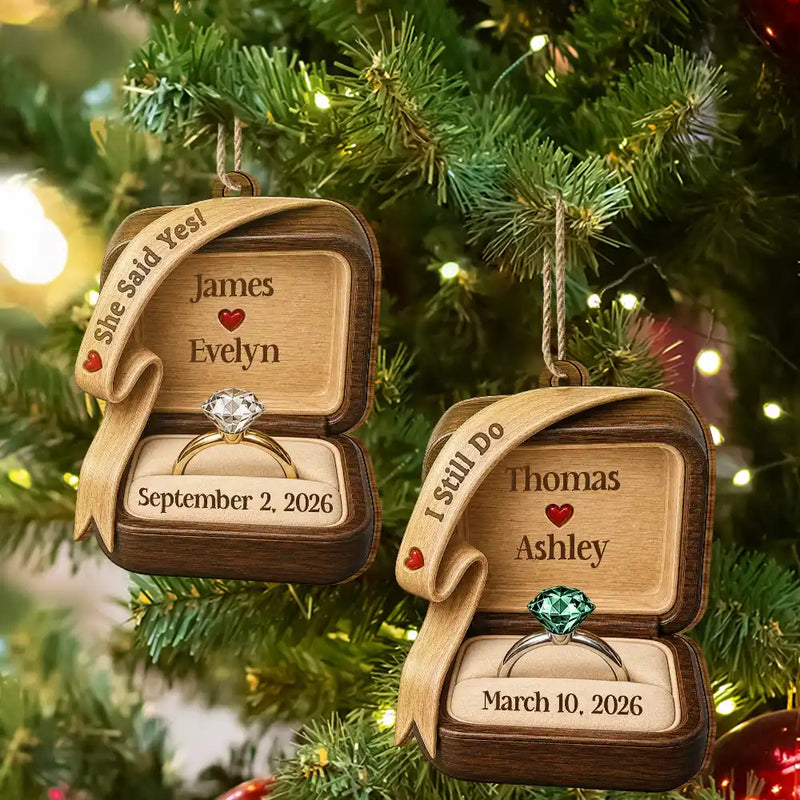 Christmas,Romantic,Gift For Couples,Icon - She Said Yes Engaged Married Wooden Effect Ring Box - Personalized Custom Shaped Wooden Ornament