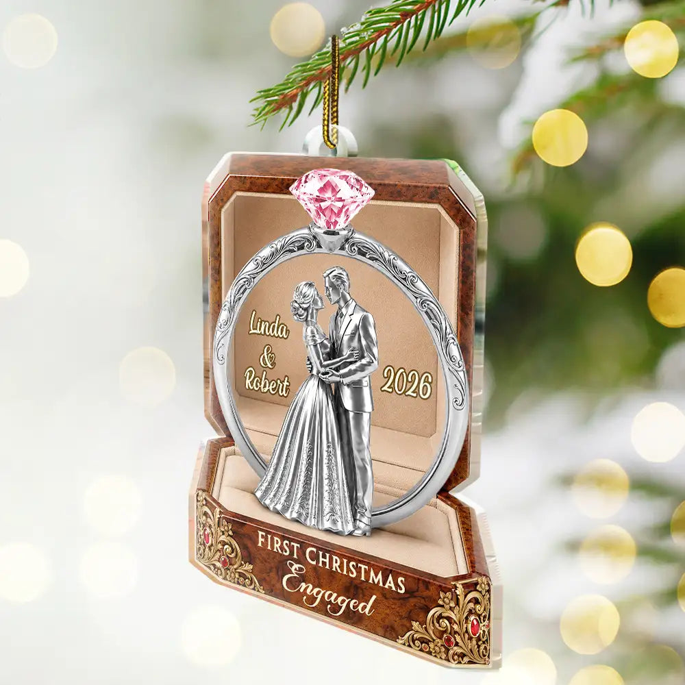 Christmas,Romantic,Gift For Couples,Icon - First Christmas As Mr & Mrs Wooden Effect Ring Box - Personalized Custom Shaped Acrylic Ornament