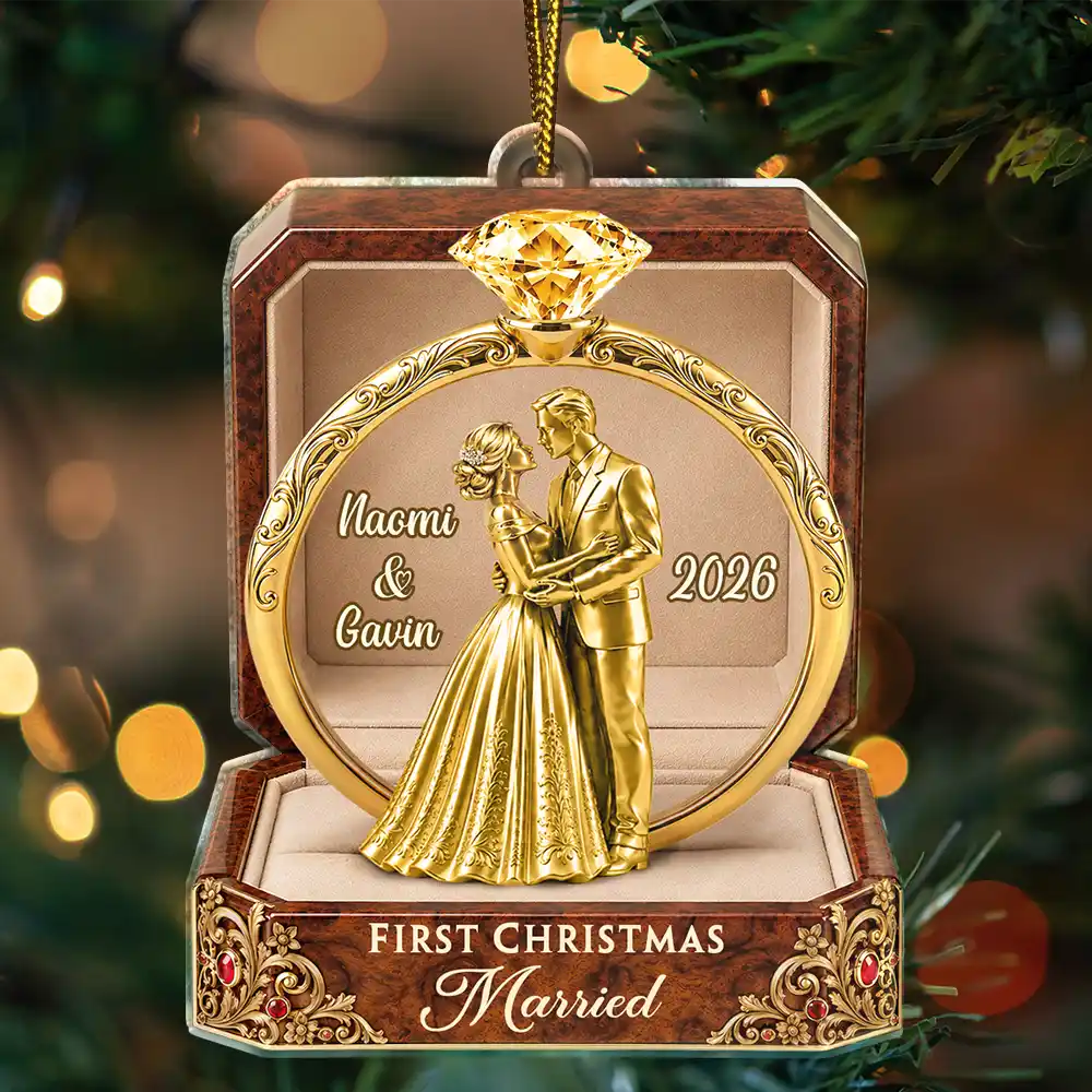 Christmas,Romantic,Gift For Couples,Icon - First Christmas As Mr & Mrs Wooden Effect Ring Box - Personalized Custom Shaped Acrylic Ornament