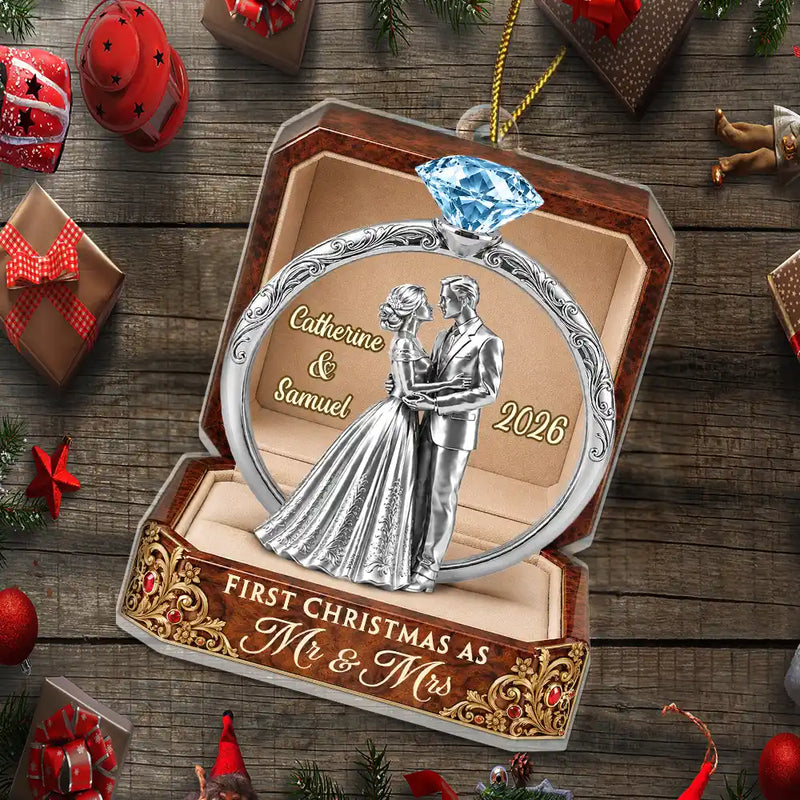 Christmas,Romantic,Gift For Couples,Icon - First Christmas As Mr & Mrs Wooden Effect Ring Box - Personalized Custom Shaped Acrylic Ornament