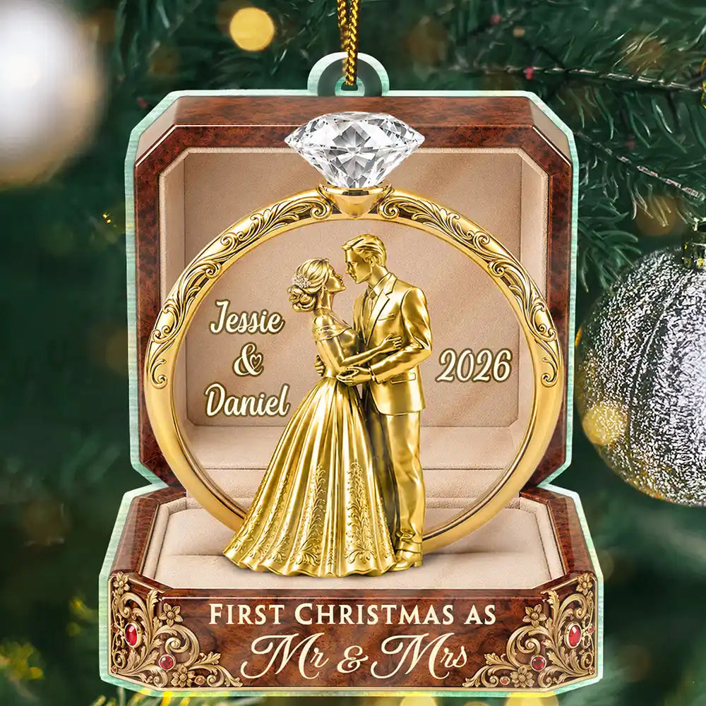 Christmas,Romantic,Gift For Couples,Icon - First Christmas As Mr & Mrs Wooden Effect Ring Box - Personalized Custom Shaped Acrylic Ornament