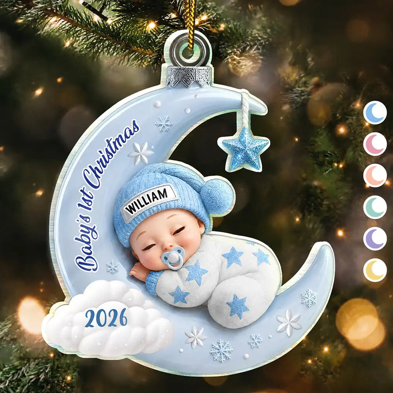 Adorable,New Mom,Christmas,Gift For Mother,Vector - Baby First Christmas Sleeping On The Moon - Personalized Custom Shaped Acrylic Ornament