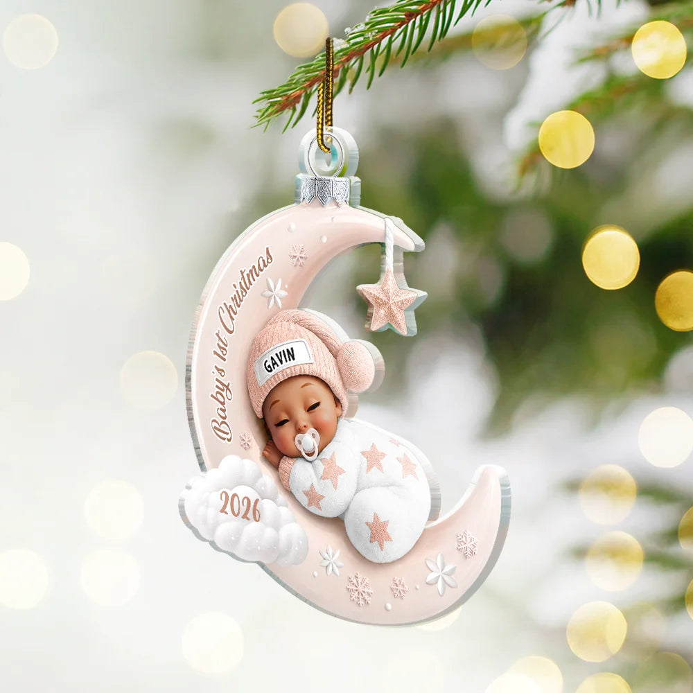 Adorable,New Mom,Christmas,Gift For Mother,Vector - Baby First Christmas Sleeping On The Moon - Personalized Custom Shaped Acrylic Ornament