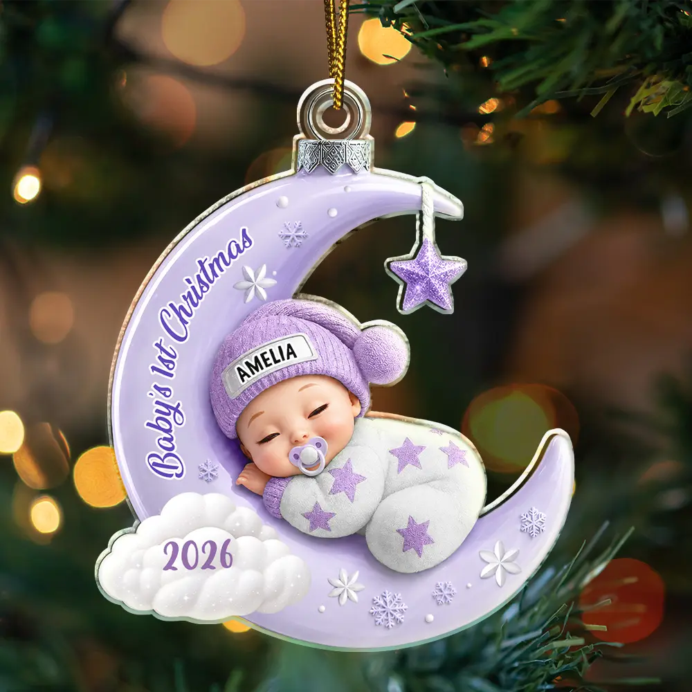 Adorable,New Mom,Christmas,Gift For Mother,Vector - Baby First Christmas Sleeping On The Moon - Personalized Custom Shaped Acrylic Ornament