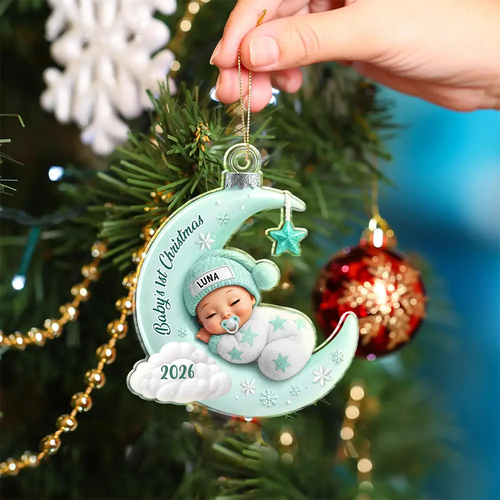Adorable,New Mom,Christmas,Gift For Mother,Vector - Baby First Christmas Sleeping On The Moon - Personalized Custom Shaped Acrylic Ornament