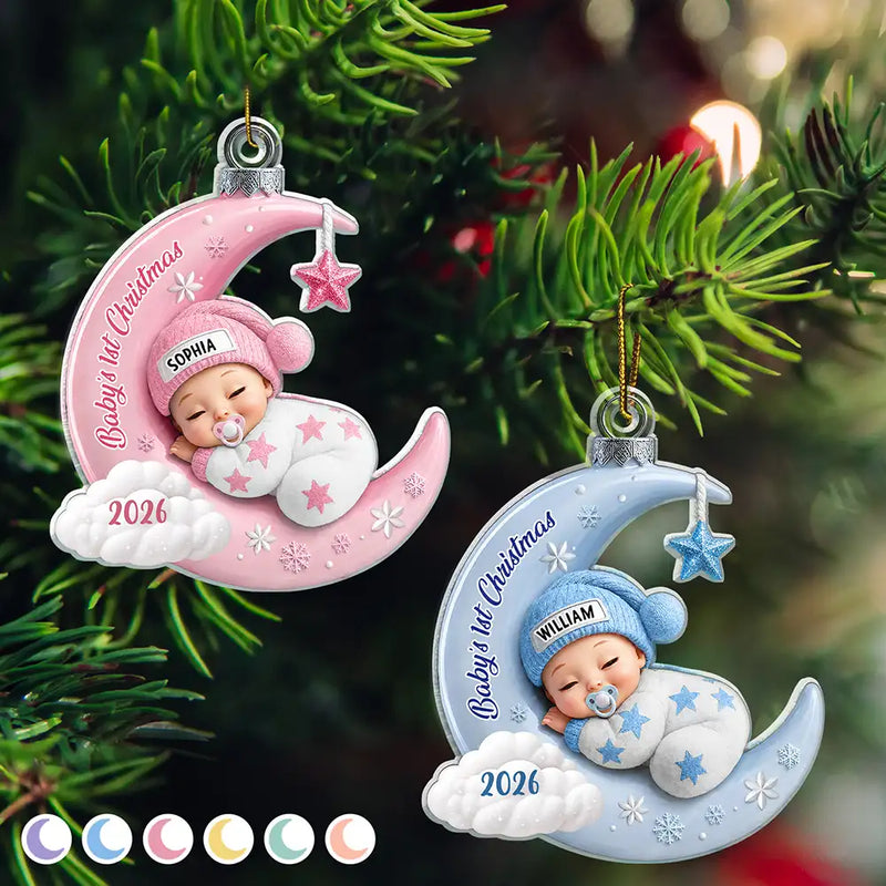 Adorable,New Mom,Christmas,Gift For Mother,Vector - Baby First Christmas Sleeping On The Moon - Personalized Custom Shaped Acrylic Ornament