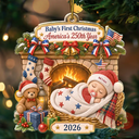 Top Market,Adorable,Independence Day,New Mom,America 250th,Christmas,Gift For Mother,Vector - Baby First Christmas Fireplace America 250th Anniversary - Personalized Custom Shaped Acrylic Ornament