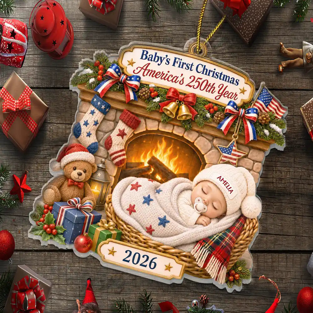 Top Market,Adorable,Independence Day,New Mom,America 250th,Christmas,Gift For Mother,Vector - Baby First Christmas Fireplace America 250th Anniversary - Personalized Custom Shaped Acrylic Ornament