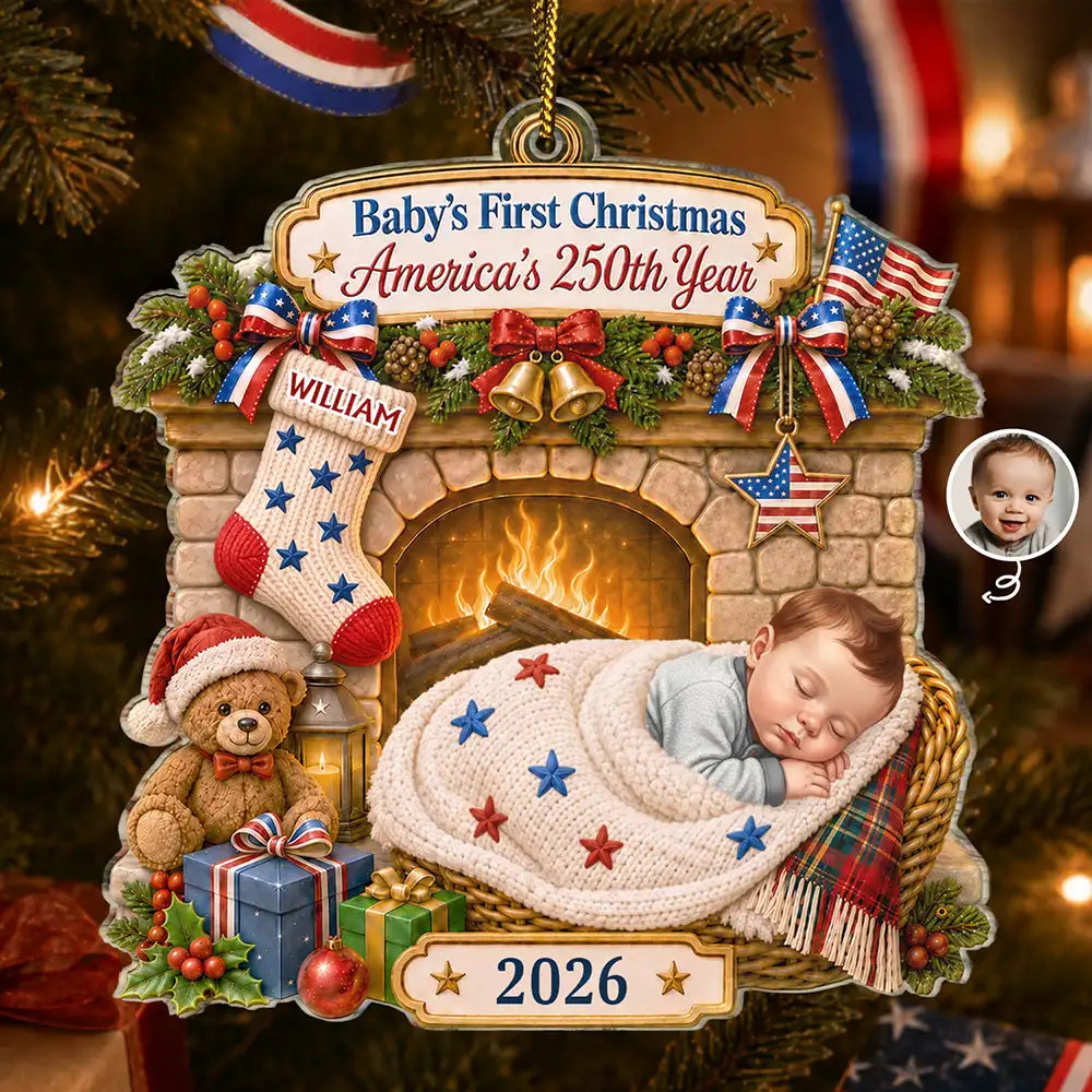 Custom Photo Sleeping Baby First Christmas America 250th Anniversary - Personalized Custom Shaped Acrylic Ornament