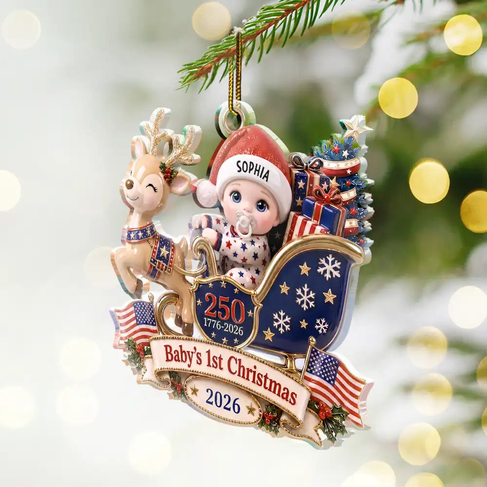 Baby's 1st Christmas In Sleigh America 250th Anniversary - Personalized Custom Shaped Acrylic Ornament