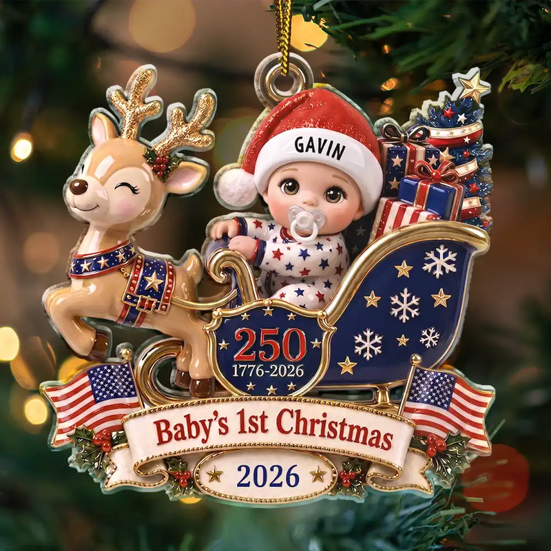 Baby's 1st Christmas In Sleigh America 250th Anniversary - Personalized Custom Shaped Acrylic Ornament