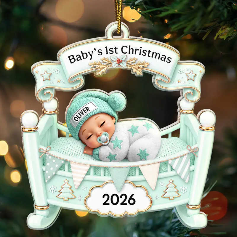 Adorable,New Mom,Christmas,Gift For Mother,Vector - Baby Crib Baby First Christmas - Personalized Custom Shaped Acrylic Ornament