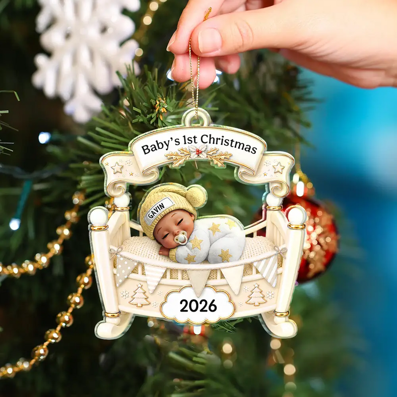 Adorable,New Mom,Christmas,Gift For Mother,Vector - Baby Crib Baby First Christmas - Personalized Custom Shaped Acrylic Ornament