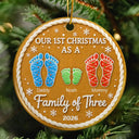 Parents,Christmas,Icon,Happy - First Christmas As A Family Of Four Footprints Cookie - Personalized Circle Ceramic Ornament
