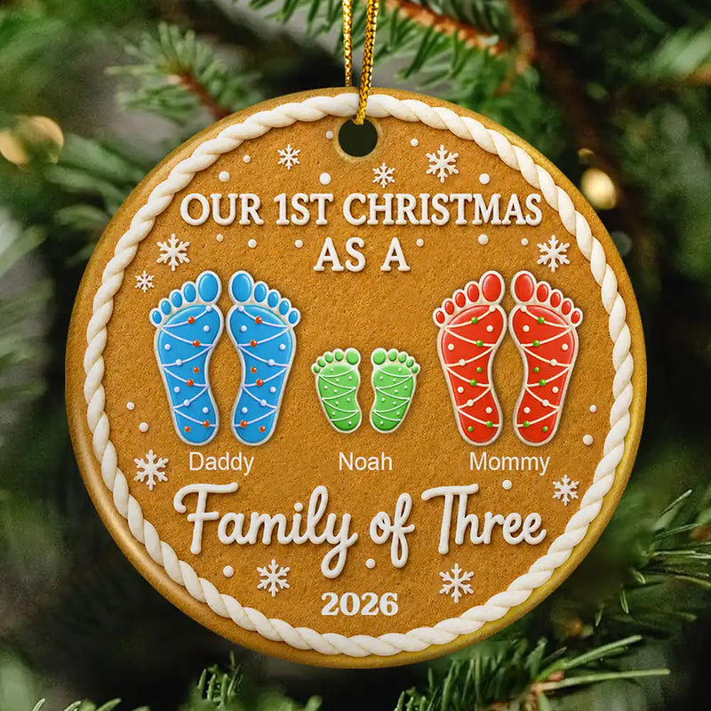 Parents,Christmas,Icon,Happy - First Christmas As A Family Of Four Footprints Cookie - Personalized Circle Ceramic Ornament