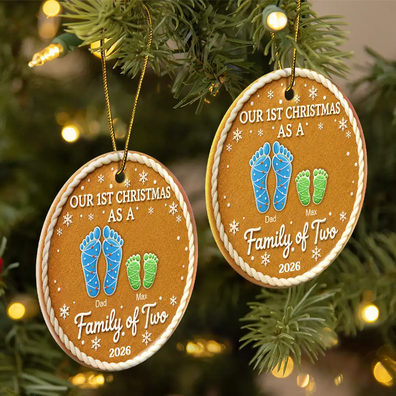 Parents,Christmas,Icon,Happy - First Christmas As A Family Of Four Footprints Cookie - Personalized Circle Ceramic Ornament