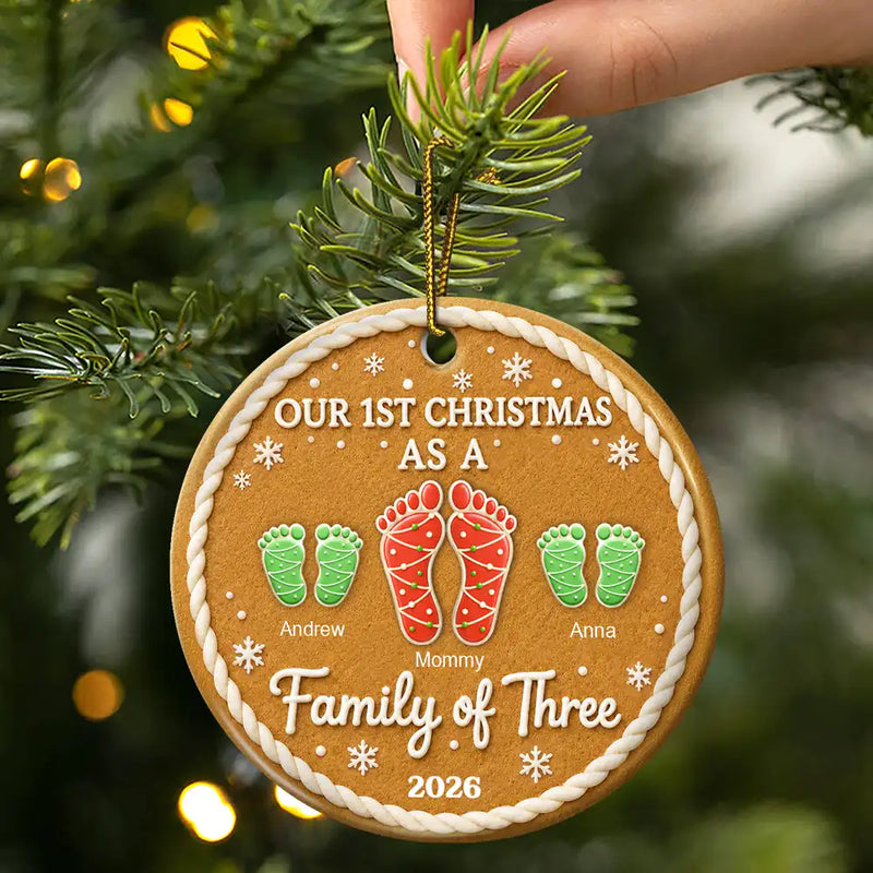 Parents,Christmas,Icon,Happy - First Christmas As A Family Of Four Footprints Cookie - Personalized Circle Ceramic Ornament