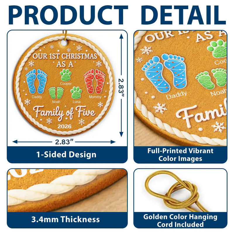 Parents,Christmas,Icon,Happy - First Christmas As A Family Of Four Footprints Cookie - Personalized Circle Ceramic Ornament