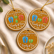 Parents,Christmas,Icon,Happy - First Christmas As A Family Of Four Footprints Cookie - Personalized Circle Ceramic Ornament