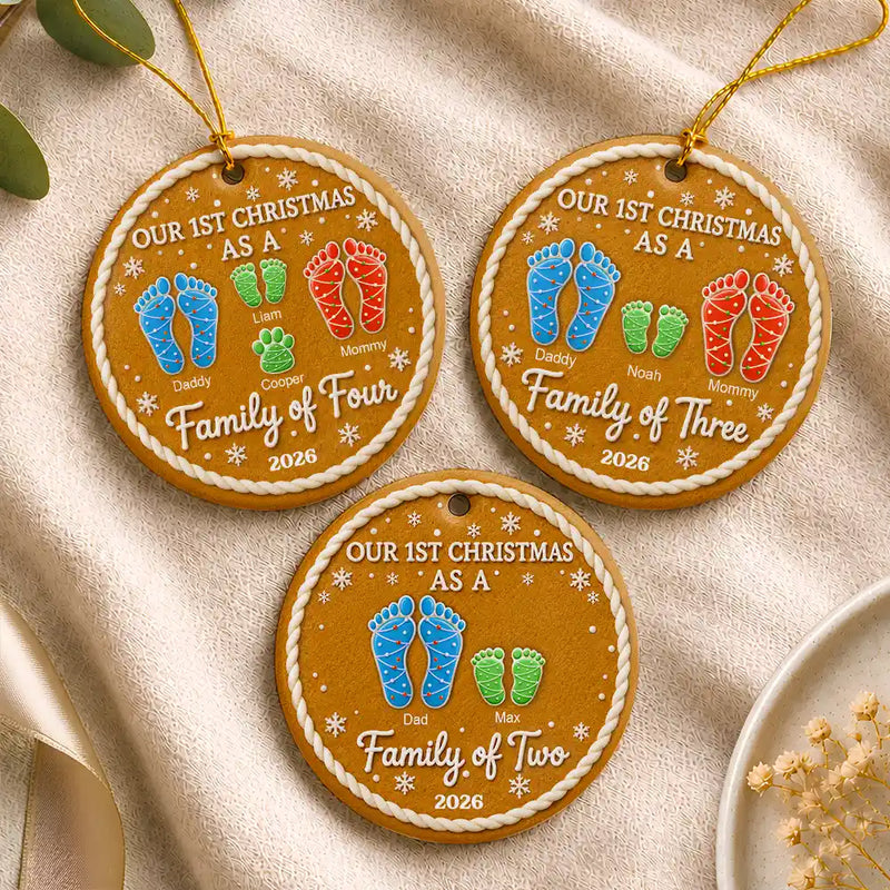 Parents,Christmas,Icon,Happy - First Christmas As A Family Of Four Footprints Cookie - Personalized Circle Ceramic Ornament