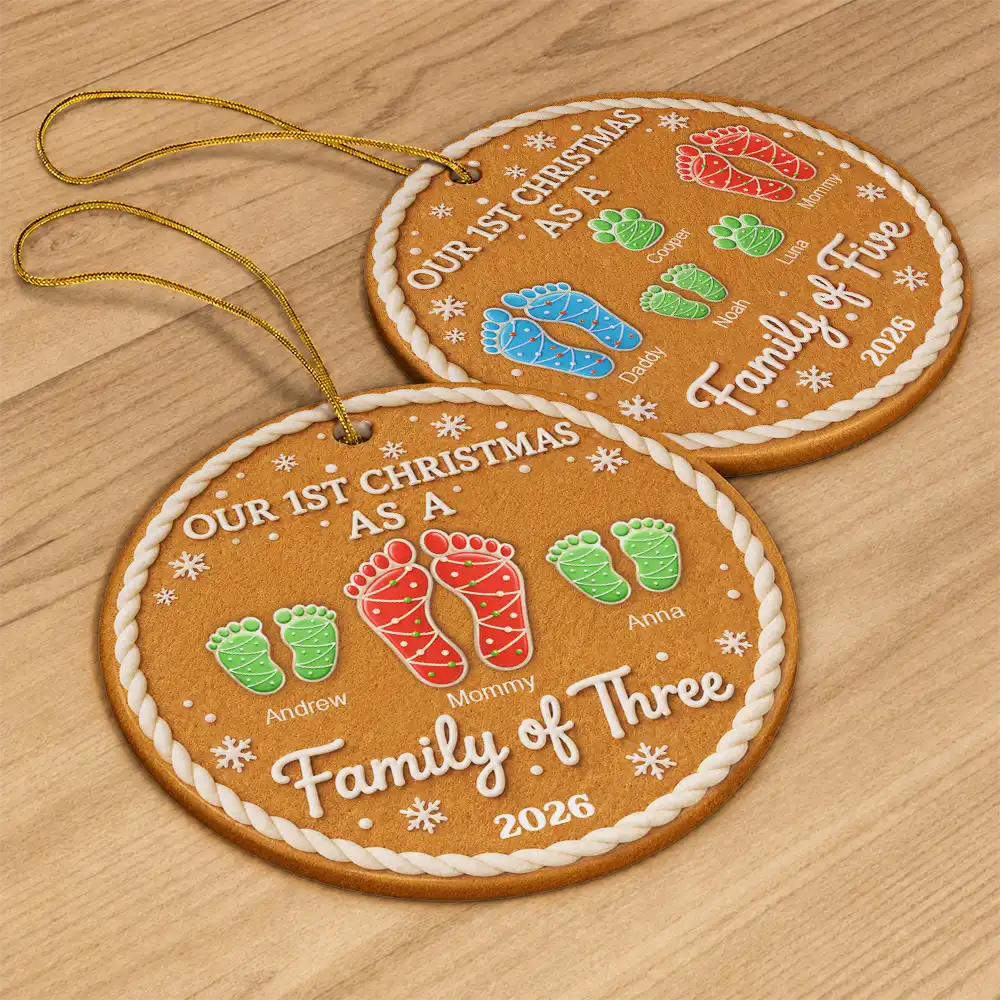 Parents,Christmas,Icon,Happy - First Christmas As A Family Of Four Footprints Cookie - Personalized Circle Ceramic Ornament