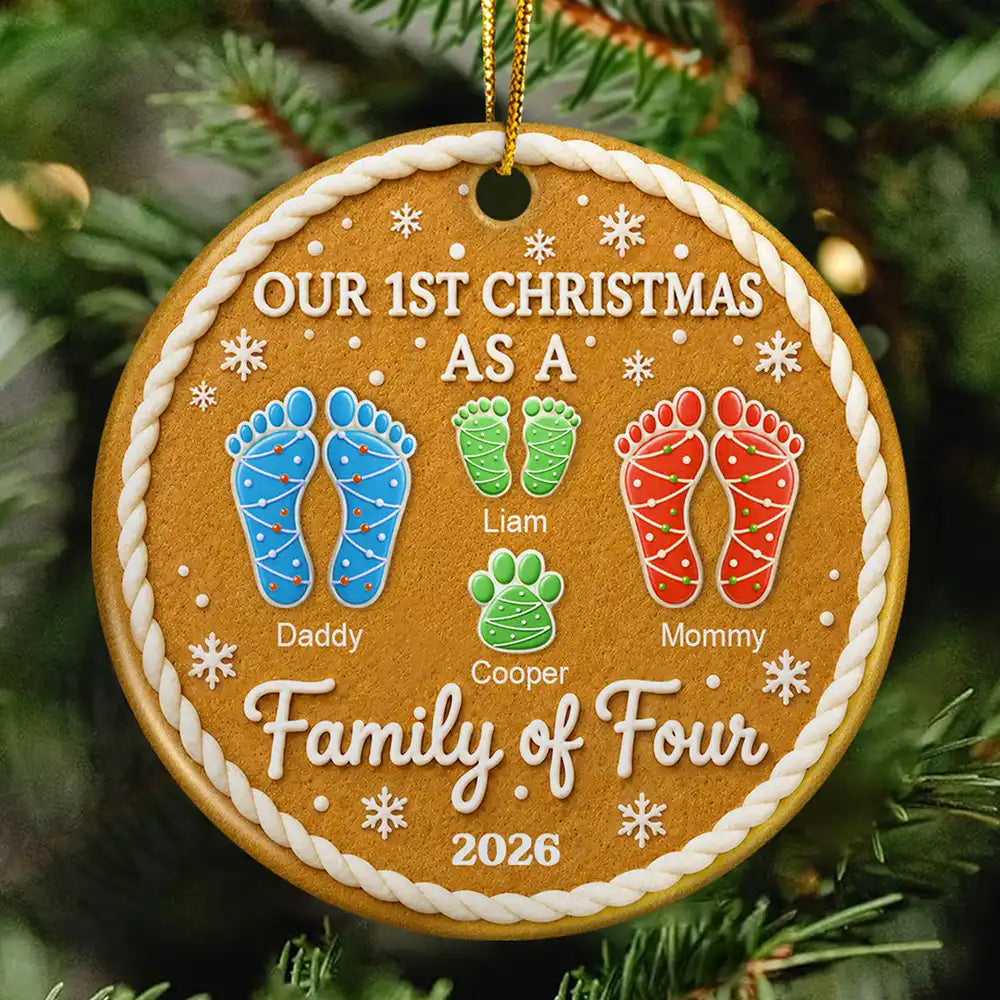 First Christmas As A Family Of Four Footprints Cookie - Personalized Circle Ceramic Ornament