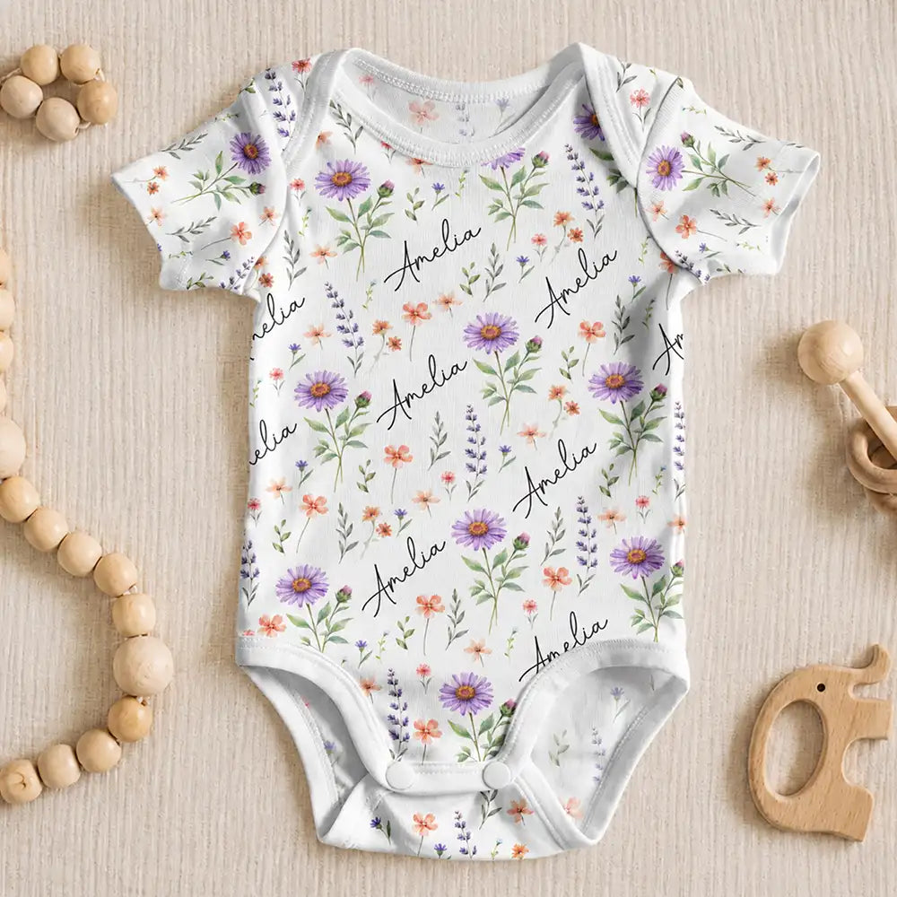 Adorable,New Mom,Gift For Mother,Icon - Birth Flower Pattern With Name Gift For New Mom New Baby - Personalized Baby Bodysuit