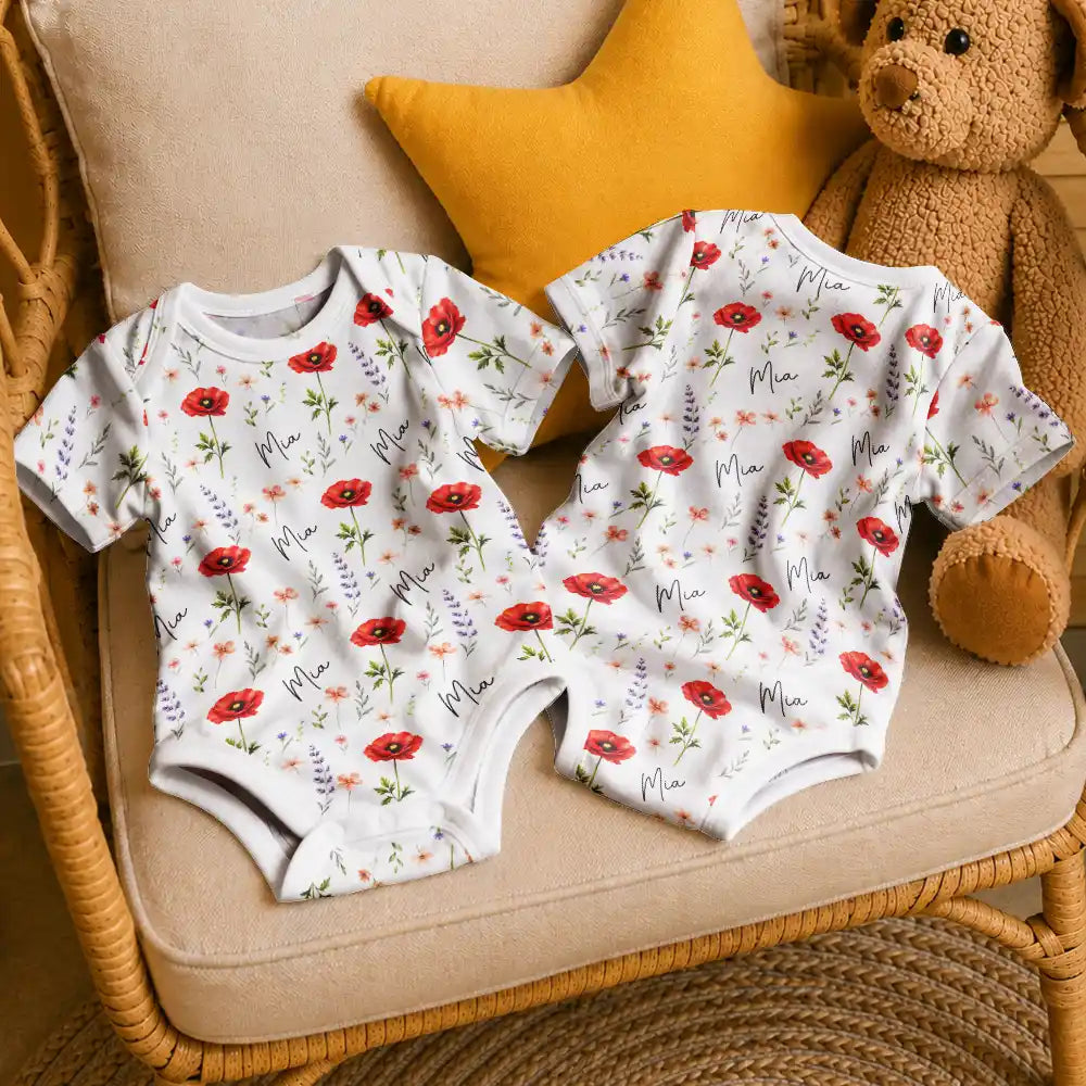Adorable,New Mom,Gift For Mother,Icon - Birth Flower Pattern With Name Gift For New Mom New Baby - Personalized Baby Bodysuit
