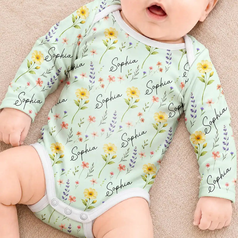 Adorable,New Mom,Gift For Mother,Icon - Birth Flower Pattern With Name Gift For New Mom New Baby - Personalized Baby Bodysuit