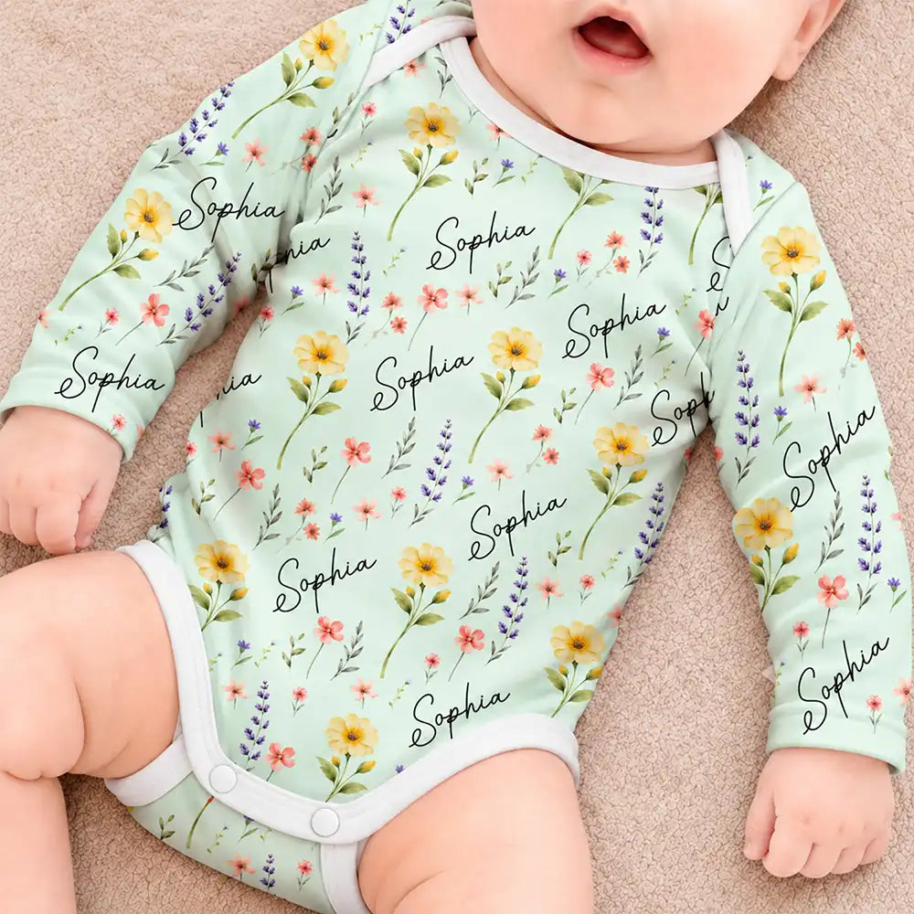 Adorable,New Mom,Gift For Mother,Icon - Birth Flower Pattern With Name Gift For New Mom New Baby - Personalized Baby Bodysuit