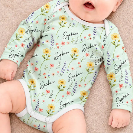 Birth Flower Pattern With Name Gift For New Mom New Baby - Personalized Baby Bodysuit
