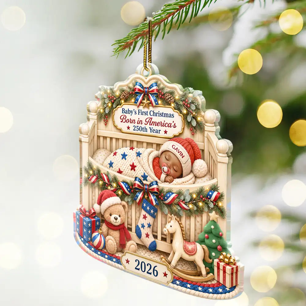 Top Market,Adorable,Independence Day,New Mom,America 250th,Christmas,Gift For Mother,Vector - First Christmas Baby Sleeping America 250th Anniversary - Personalized Custom Shaped Acrylic Ornament