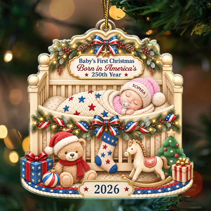 Top Market,Adorable,Independence Day,New Mom,America 250th,Christmas,Gift For Mother,Vector - First Christmas Baby Sleeping America 250th Anniversary - Personalized Custom Shaped Acrylic Ornament