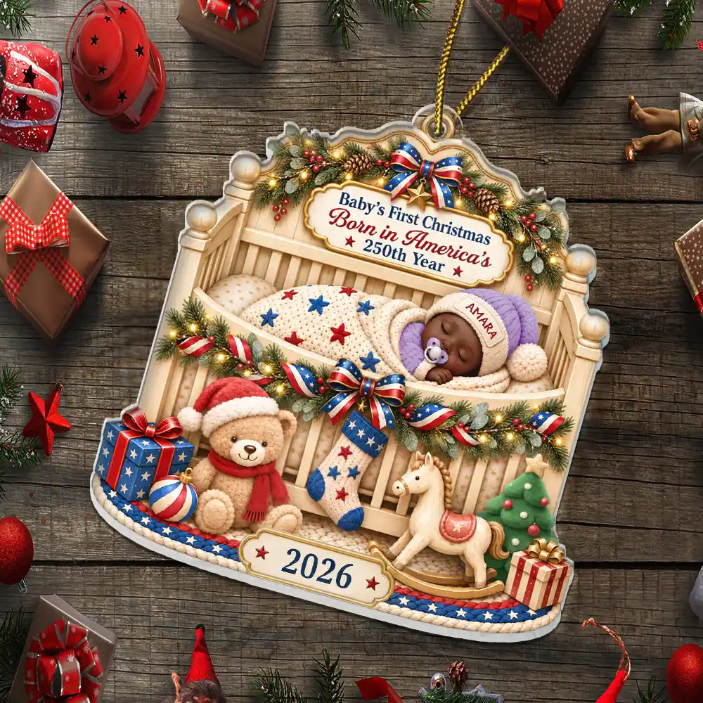 Top Market,Adorable,Independence Day,New Mom,America 250th,Christmas,Gift For Mother,Vector - First Christmas Baby Sleeping America 250th Anniversary - Personalized Custom Shaped Acrylic Ornament