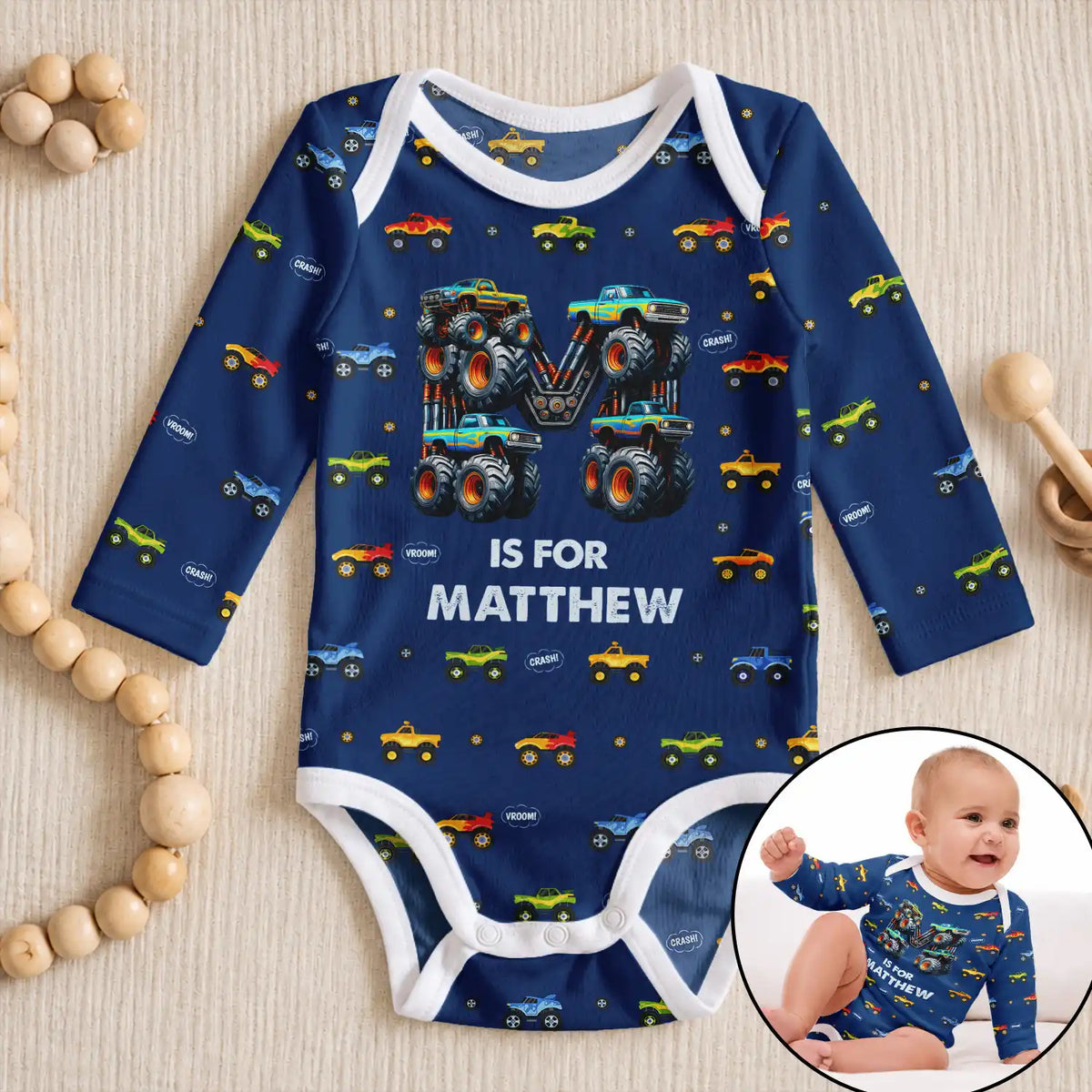 Adorable,Gift For Grandchildren,Gift For Grandson,Christmas,Gift For Grandkids,Icon - Custom Name Monster Truck Baby Boy Gift For Grandson Son Nephew - Personalized Baby Bodysuit