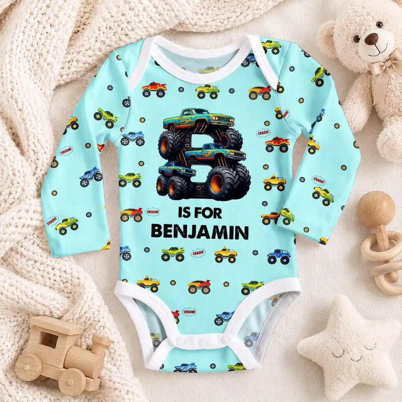 Adorable,Gift For Grandchildren,Gift For Grandson,Christmas,Gift For Grandkids,Icon - Custom Name Monster Truck Baby Boy Gift For Grandson Son Nephew - Personalized Baby Bodysuit