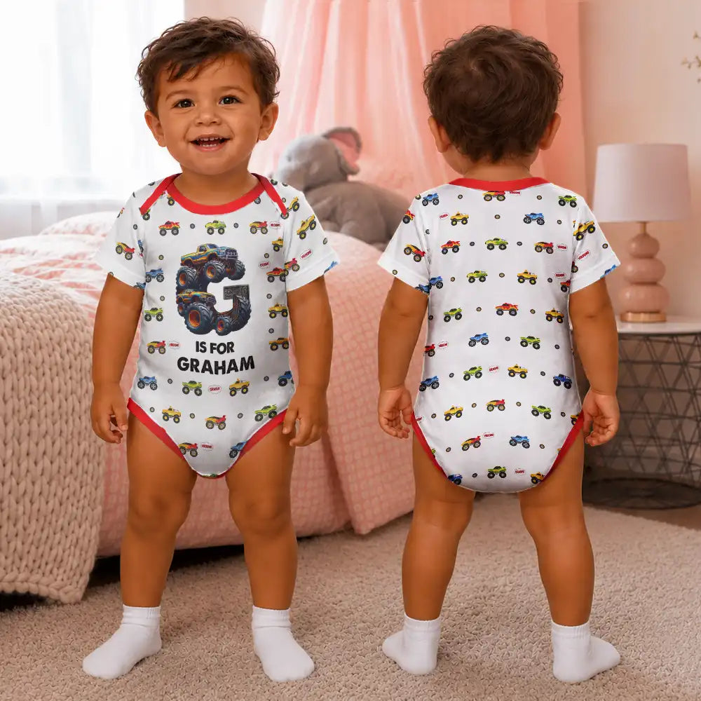 Adorable,Gift For Grandchildren,Gift For Grandson,Christmas,Gift For Grandkids,Icon - Custom Name Monster Truck Baby Boy Gift For Grandson Son Nephew - Personalized Baby Bodysuit