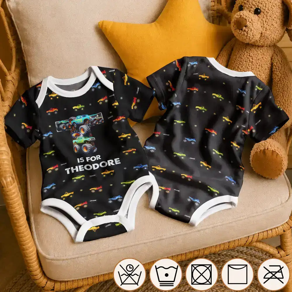 Adorable,Gift For Grandchildren,Gift For Grandson,Christmas,Gift For Grandkids,Icon - Custom Name Monster Truck Baby Boy Gift For Grandson Son Nephew - Personalized Baby Bodysuit